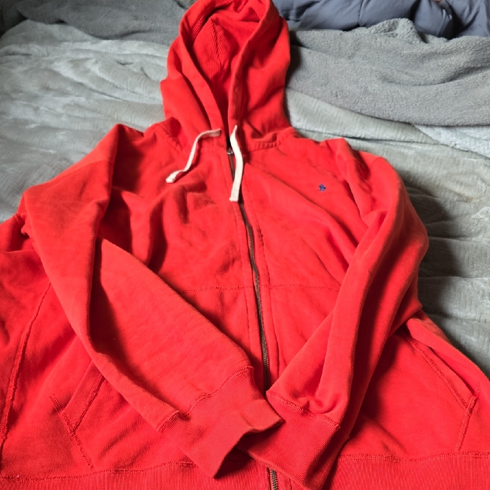 Red Zip-Up Hoodie with Hood and Drawstrings. RALPH LAUREN. SZ 3 XB